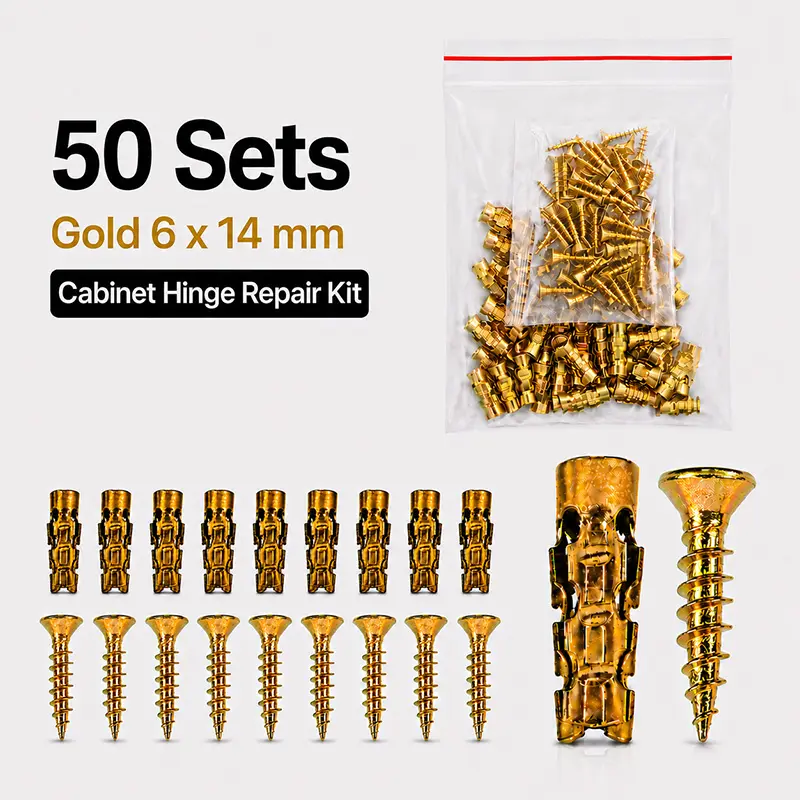 LeeVex 50 Sets Heavy-Duty 6x14mm Hinge Repair Screw Assembly & Fixer Pack for Cabinet Door Stripped Holes, Loose Hinges Quick Fix, Kitchen Cabinet Hardware Replacement Kit, Damaged Hole Fastener, Cabinet Door Realignment Parts