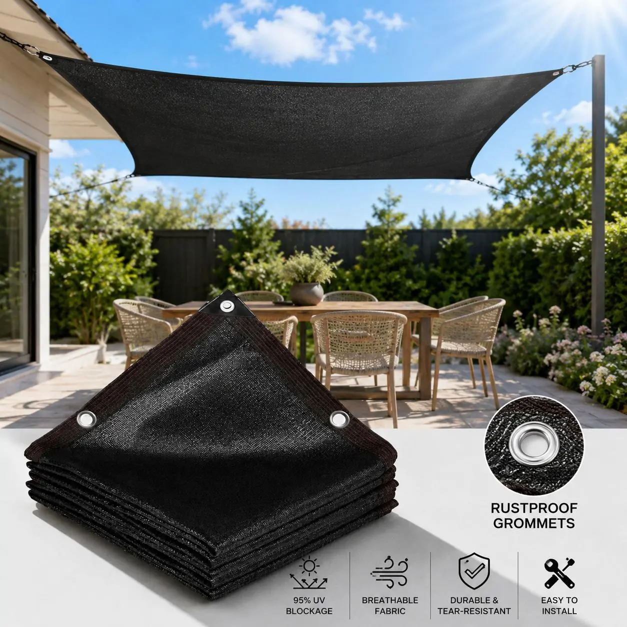 Heavy Duty Net Fabric Sunshade Canopy - Black Rectangle Large Outdoor Umbrella with Reinforced Corners & Ropes, Permeable Breathable Cover for Patio, Garden, Outdoor Canopy Shade Sails Dealsforyou Summerwins, Canopy And Sunshade