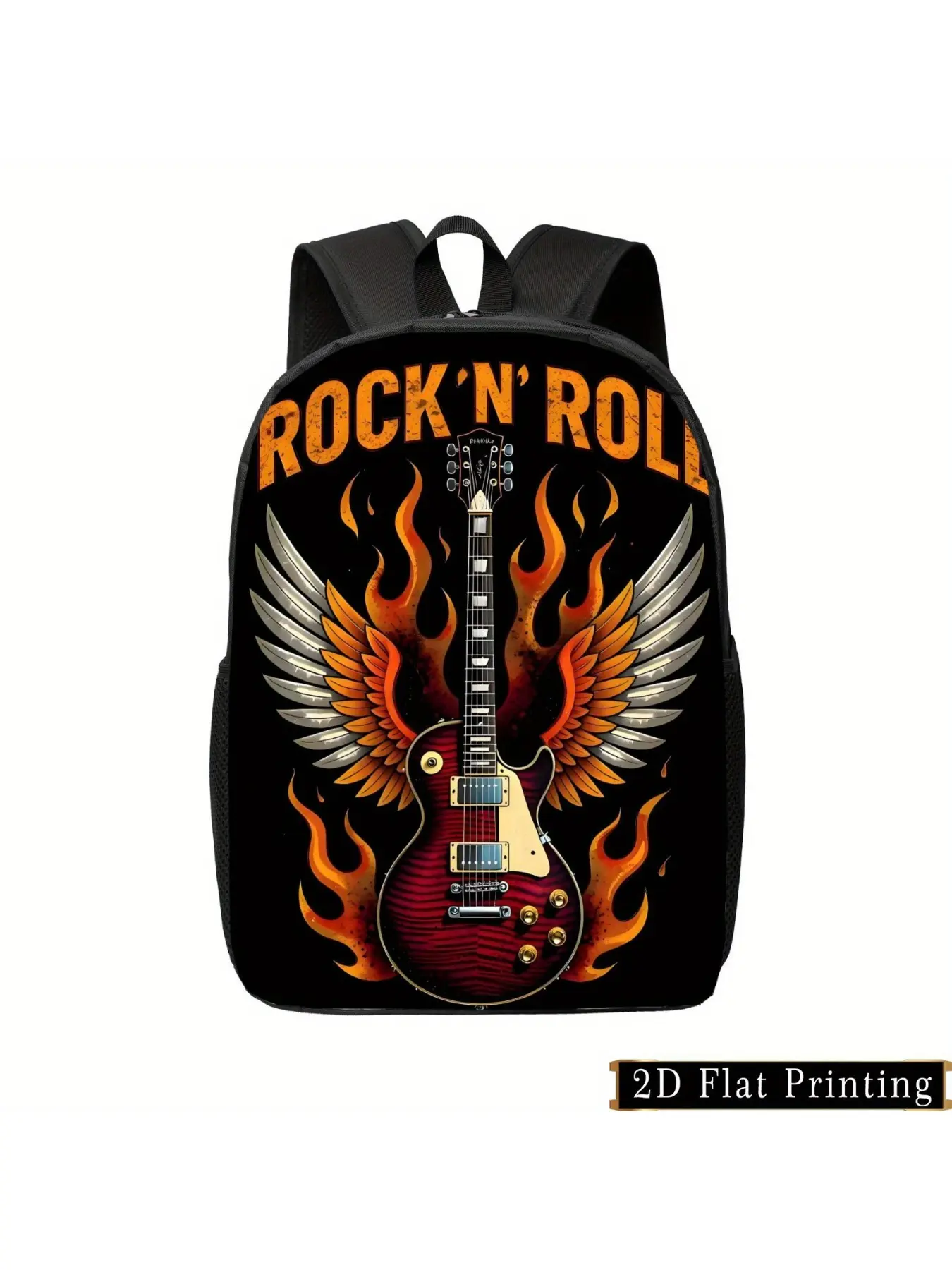 Rock Electric Guitar Flame Print Backpack Suitable for School, Travel & Daily Commute - Foldable Hand-Washable Backpack with Adjustable Straps & Zipper, Rock-Themed Bookbag for, Students (Rock Print), 2D Flat