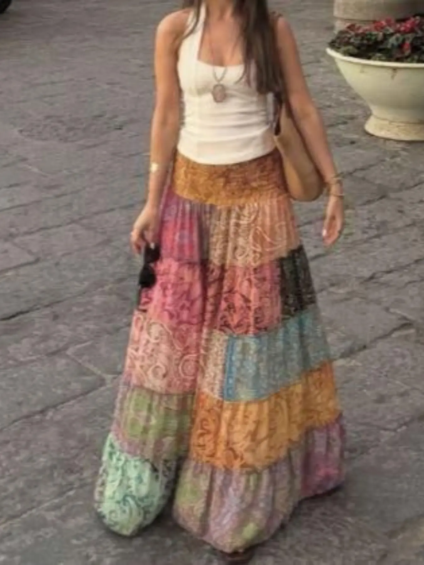Boho Style Women's Midi Skirt, Patchwork Print A-Line Skirt, Ethnic Retro Fashion, Casual Streetwear, French Romantic Elegance, Summer New Arrival