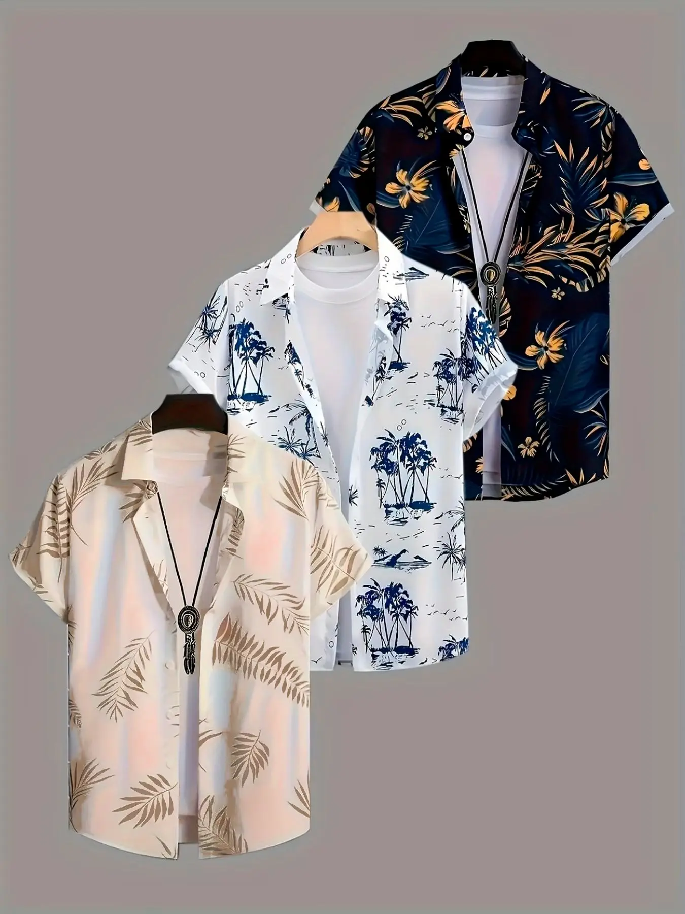 3-Pack Men's Summer Short Sleeve Collared Shirts, Tropical Jasmine & Palm Leaf Print, All Over Printed, Casual Slim Fit, Beach & Vacation Wear, Beach Club Shirt, Top