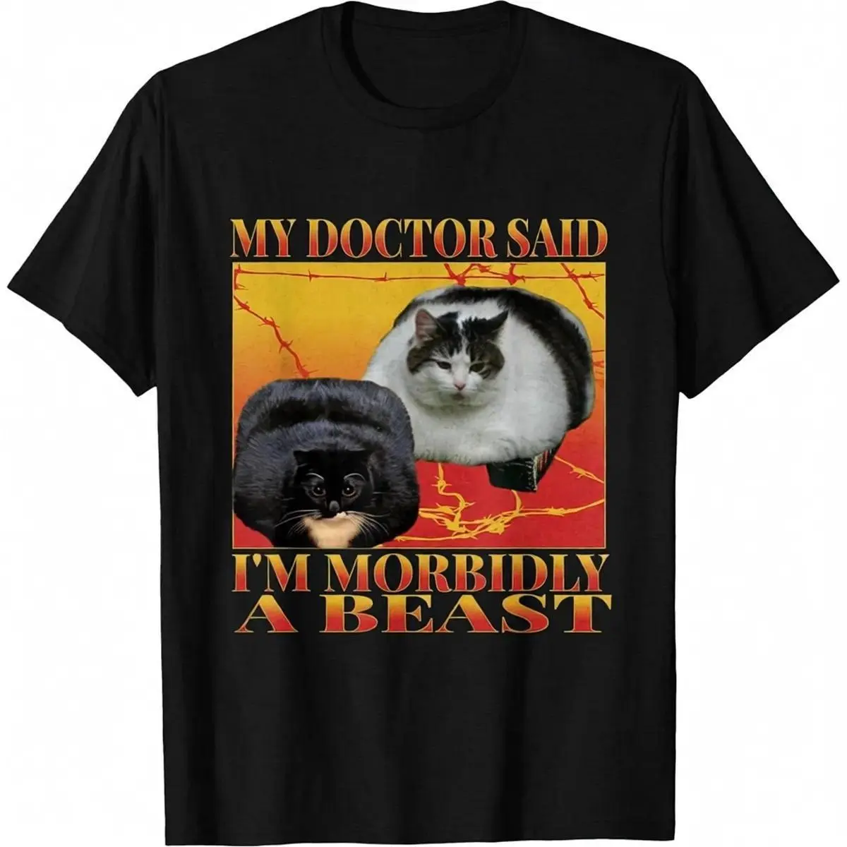 Funny Cat Meme T-Shirt, Unisex "Morbidly a Beast" Graphic Print Top, Comfy 100% Cotton Short Sleeve Casual Crewneck Fashion Tee, Tshirt, Shortsleeve, Fabric, Basic, Streetwear, Menswear, Round Neck, Unisex Wear, All Seasons, Classic, Double Stitching