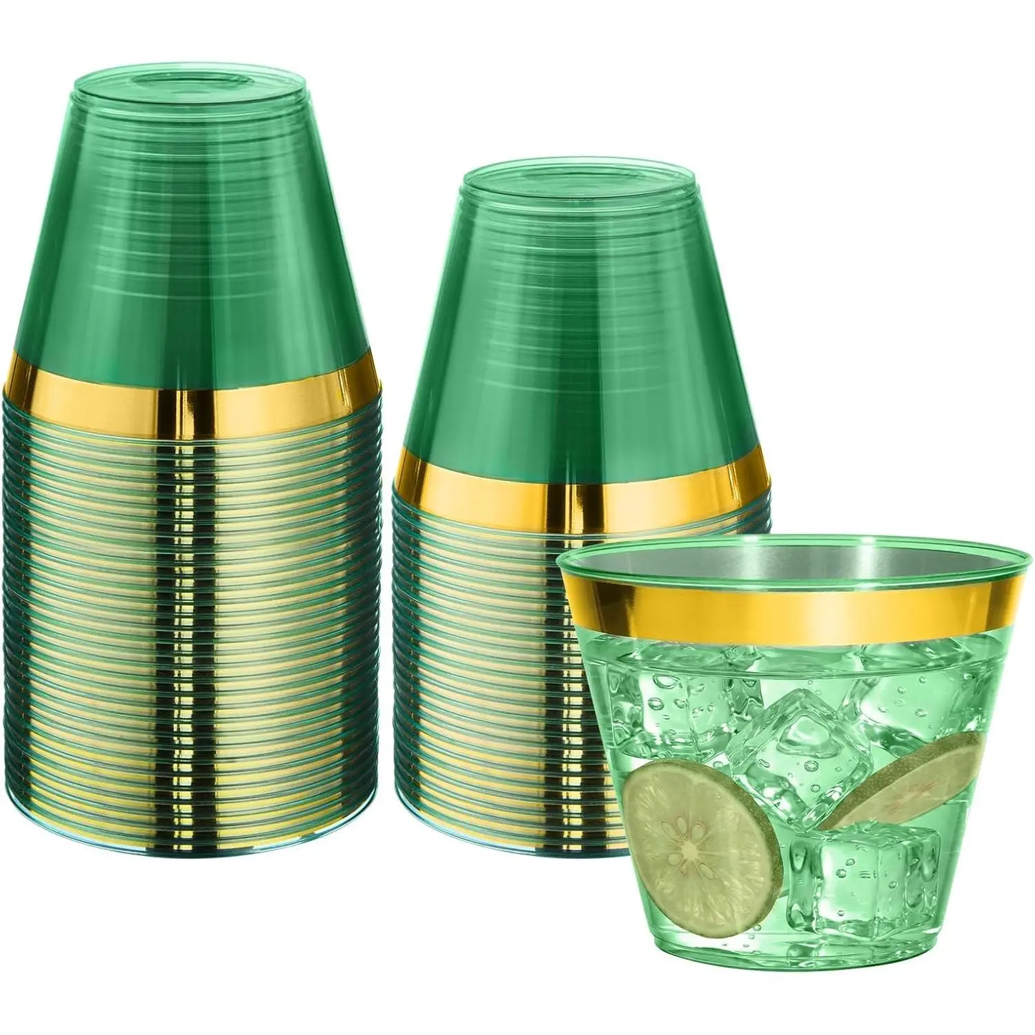 50 Pack 9 oz Green Plastic Cups, Clear Disposable Cups with  Rim, Plastic  Glasses for Party & Graduation & Wedding