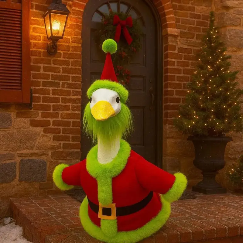 1set Front Porch Goose Costume Santa Claus Hair, Halloween Christmas Yard Decor, Funny Festive Outdoor Ornament, Holiday Decoration, Christmas Decorations