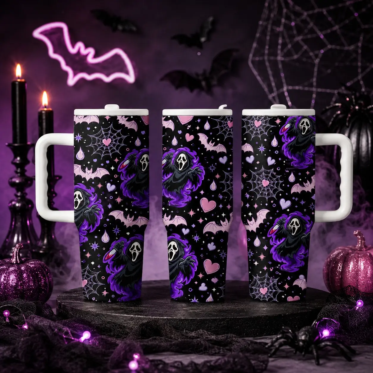 Halloween Hydration Tumbler 40oz, Ghost Face Bat Spider Web Cup, Insulated with Handle Lid Straw, Gothic Spooky Drinkware