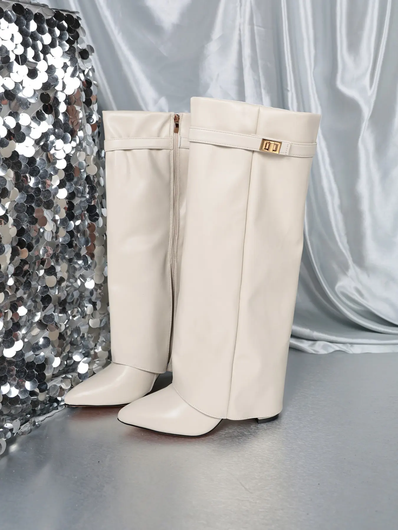 New Arrival Deep Lock Buckle Drop Women's Calf Boots, Tall Pointed Heel Zipper Design, Soft PU Material, Perfect for Daily Wear & Office Style