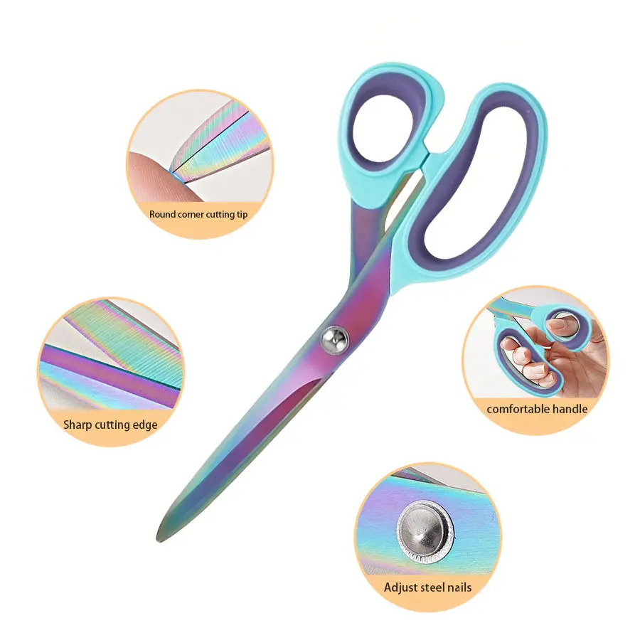 1pc, Heavy Duty Professional Sewing Scissors - Titanium Coated Stainless Steel Sharp Blades, Rainbow Scissors with Ergonomic Handle, Suitable for Tailoring, Patchwork, Fabric, Leather And Handicrafts - Right-Hand Threading Tailor Scissors