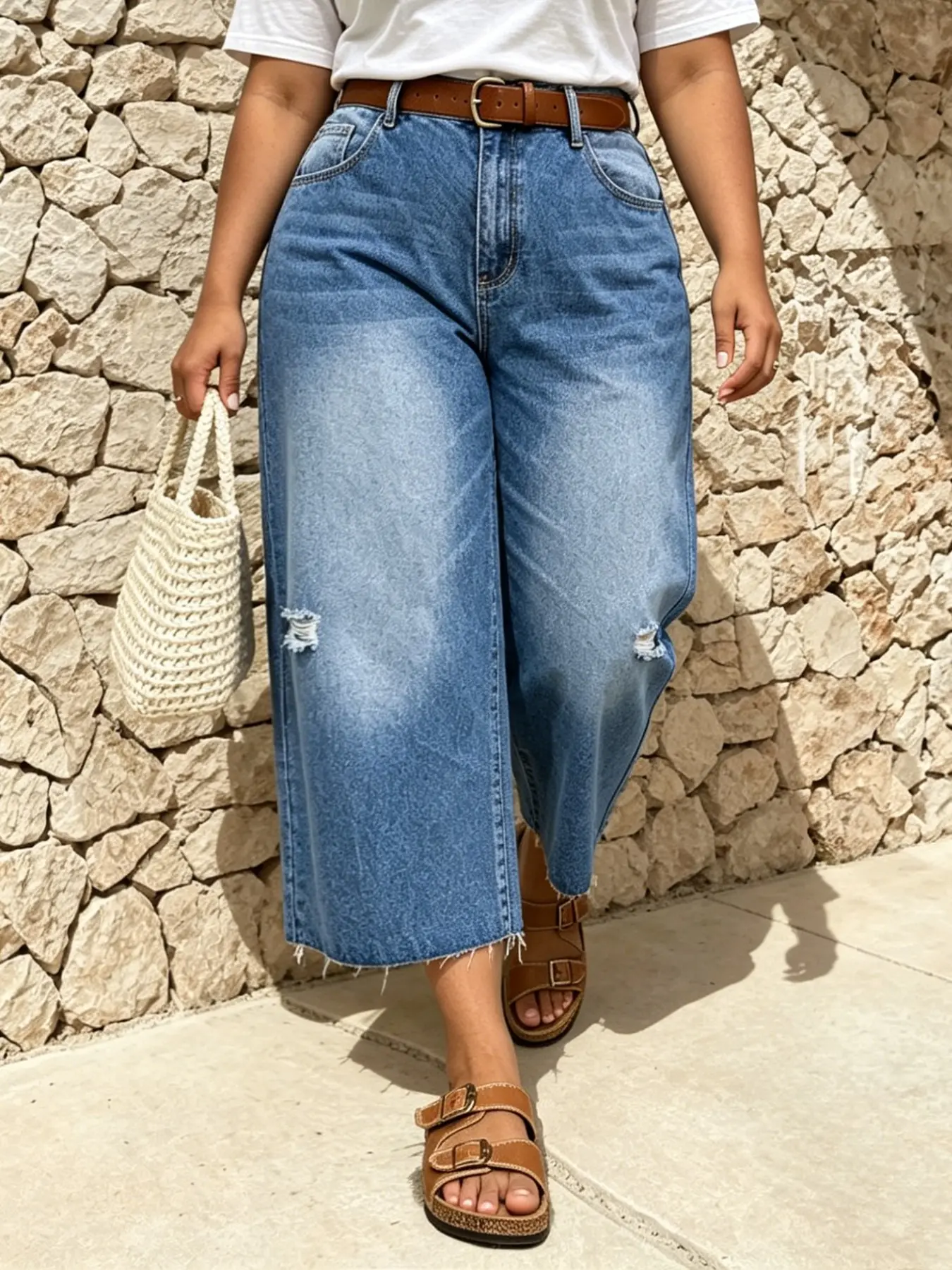 Plus Size Women's Loose Jeans, Distressed Washed Ripped Fringe Blue Denim 9-Inch Pants, Daily Wear Wide Leg Trousers, Comfortable and Stylish