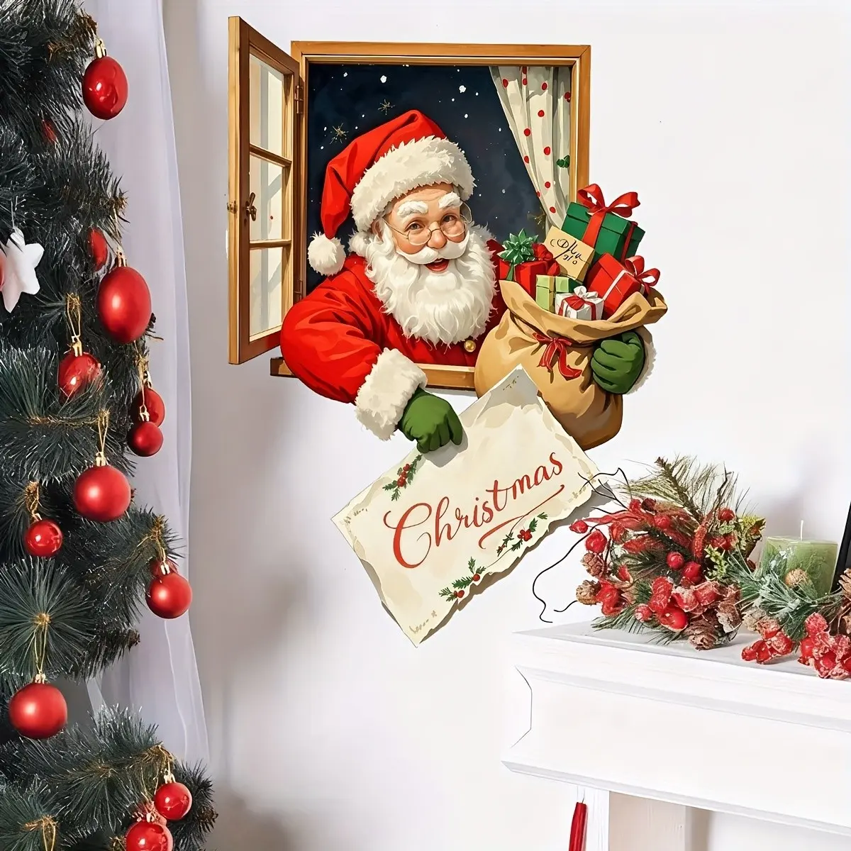Christmas Santa Gift Wall Sticker, Creative DIY PVC Self-Adhesive, Removable Without Residue, Decorate Living Room, Bedroom, Kitchen, Office, Bathroom
