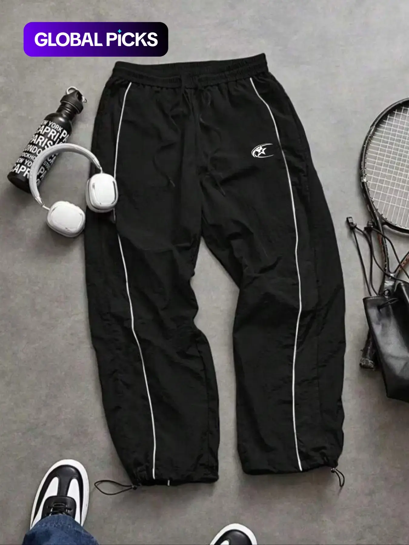 Men's Fashion Casual Comfy Sporty Striped Sport Pants, Loose Sports Pants, Taslon Fabric, Unique Print, Waist Drawstring, Adjustable Ankle Elastic, Perfect for Daily Wear