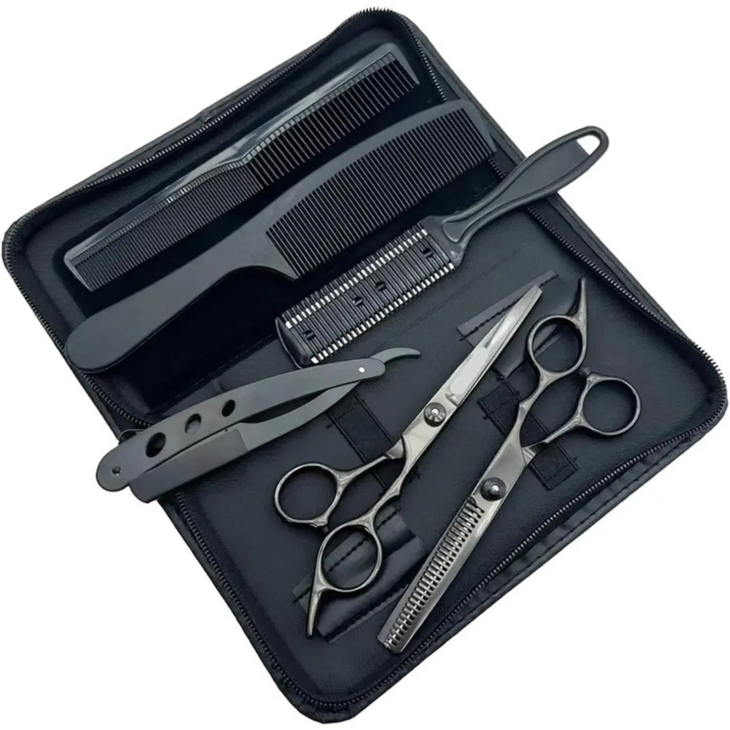 Professional 6" Hair Cutting Scissors Set, Matte Black Barber Shears & Thinning Scissors Kit with Styling Accessories, Sharp DIY Home Haircutting Tools
