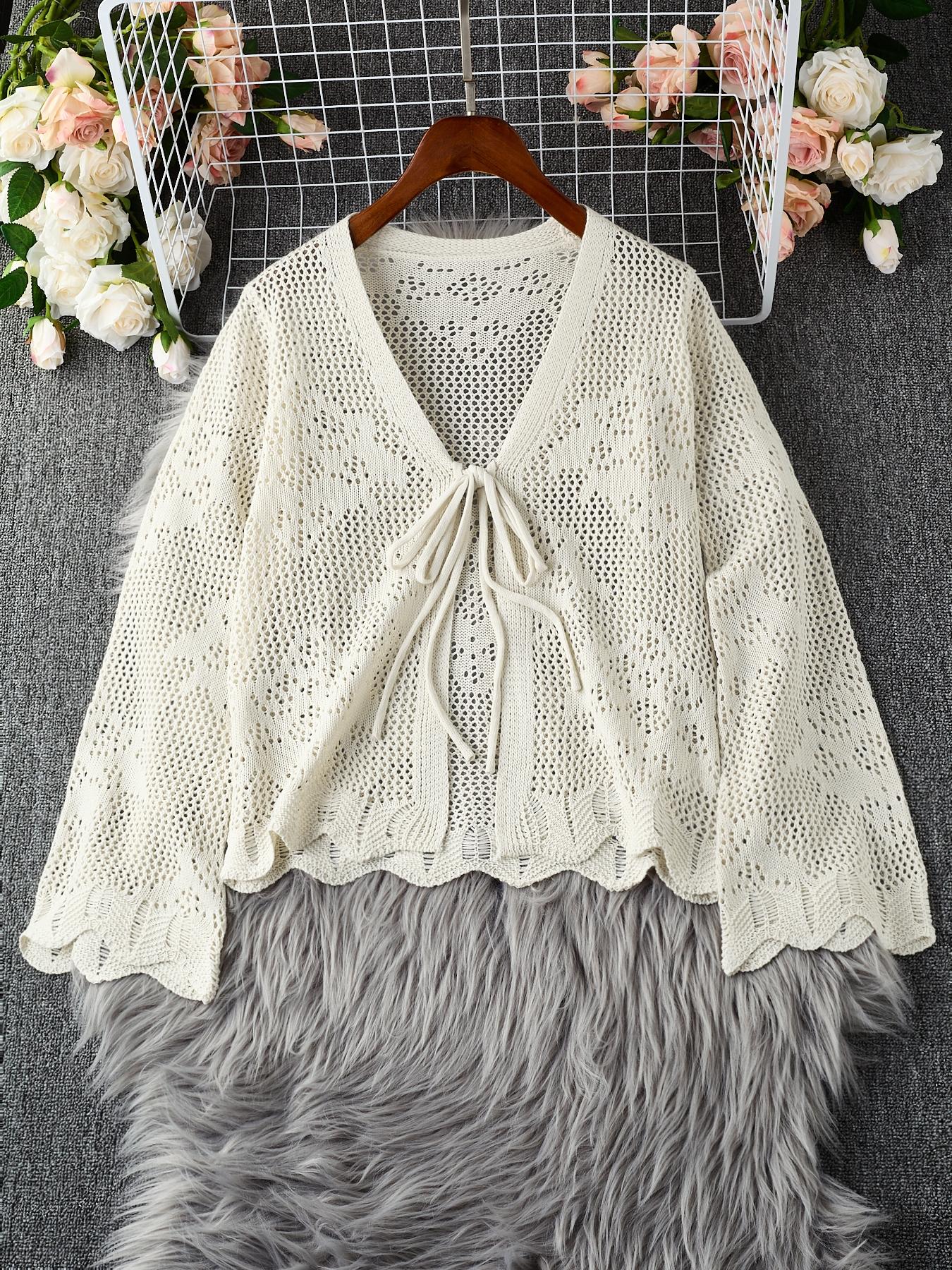 Women's Fitted Plain Sheer Tie Front Knitting Cardigan, Casual Long Sleeve Cardigan for Daily Wear, Ladies Knitwear for All Seasons