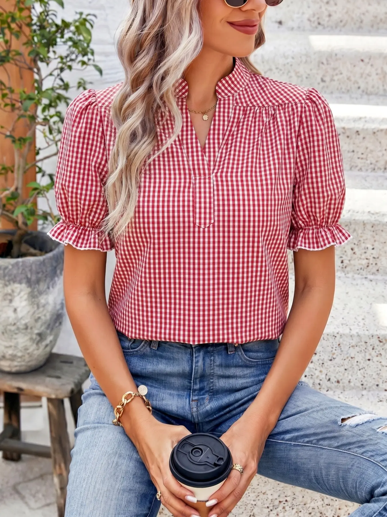 Vertical Stripe Ruffle Cuff Puff Short Sleeve Split Neck Stand Collar Casual Blouse Women Striped Pleated Shoulder Loose Puff Sleeve Summer Vacation Beach Shirt Top Striped Split Neck Ruffle Puff Sleeve Lightweight Daily Office Blouse