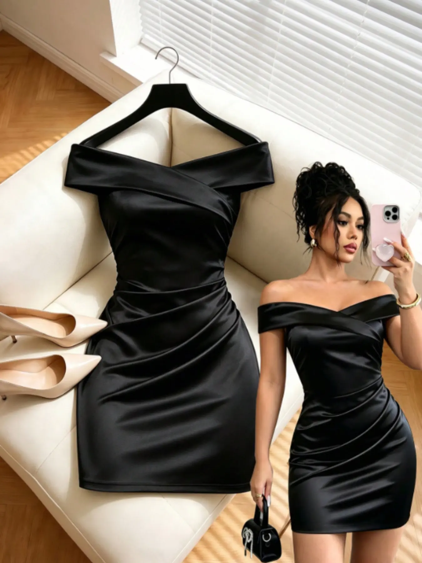 Elegant Strapless Dress, Satin Material, Cross Neckline, Waist Ruching, Slimming Bodycon, Perfect for Dates and Parties