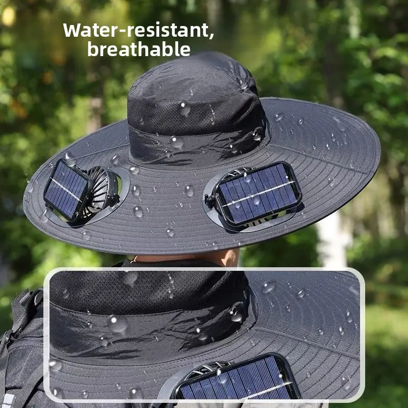 Unisex Solar Fan Bucket Hat for Men, Adjustable Outdoor Wear with UV Shield, Secure Velcro, Waterproof Sunshade, Dual-Power Rechargeable for Summer Mountaineering Fishing