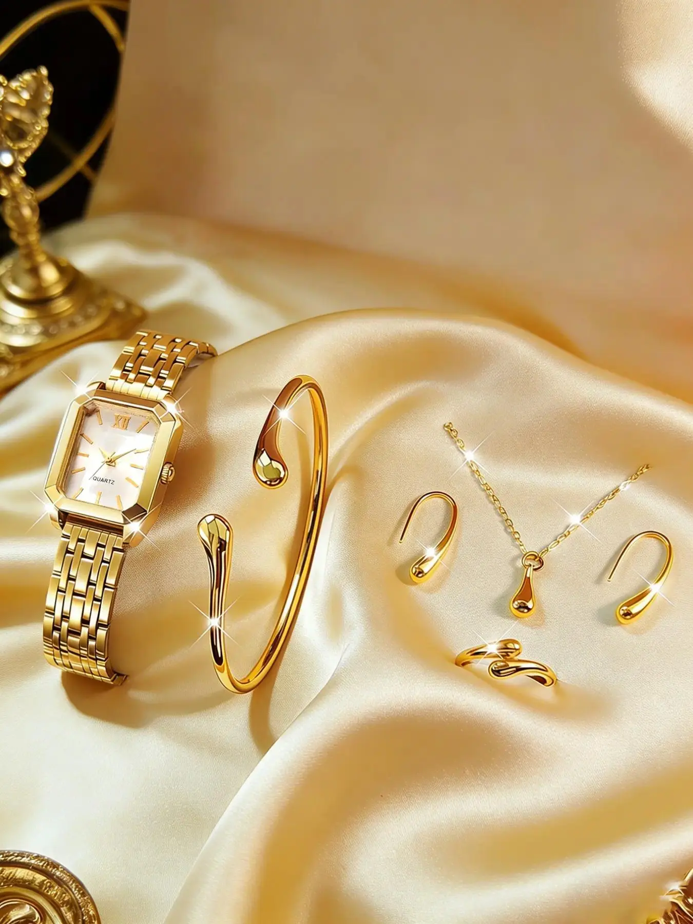Elegant Quartz Watch Matching Jewelry Set with Bracelet Necklace Ring, Stainless Steel Band, Perfect Gift for Women, All Seasons Wear, Trendy Watch Set