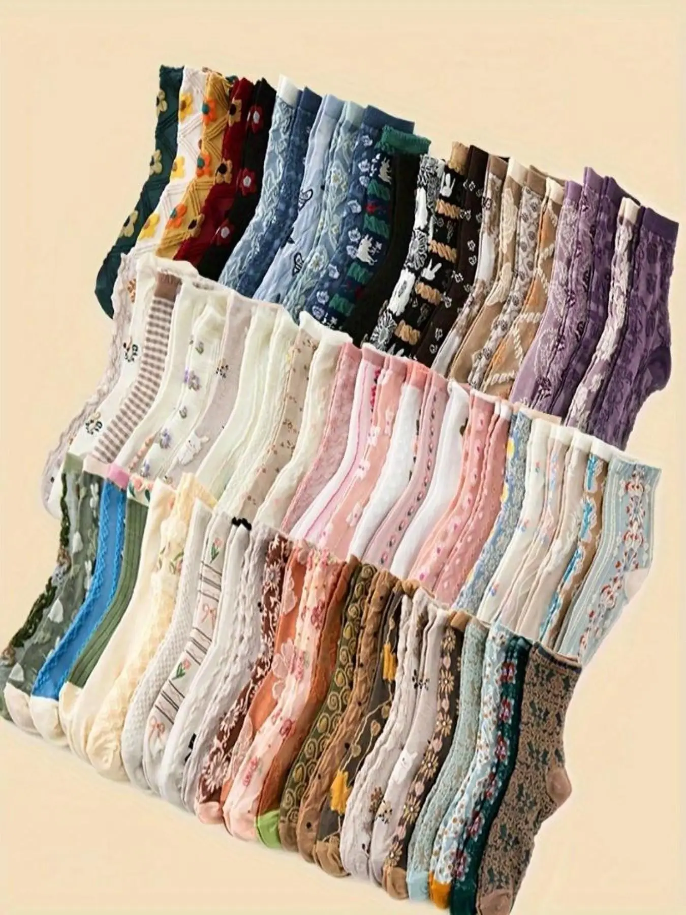 5 Pairs Women's Socks, Vintage 3D Embossed Mid-Calf, Ethnic Floral Long Socks, Japanese Style Casual Ankle Socks, Sweet Princess Cute Socks