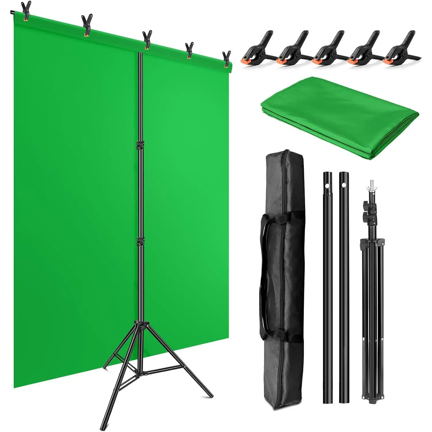 Green Screen Backdrop Kit with Stand, 5X6.5ft Portable Green Screen Backdrop with Stand kit, GreenScreen Background with Stand Carrying Bag Clamp for Streaming Video Zoom