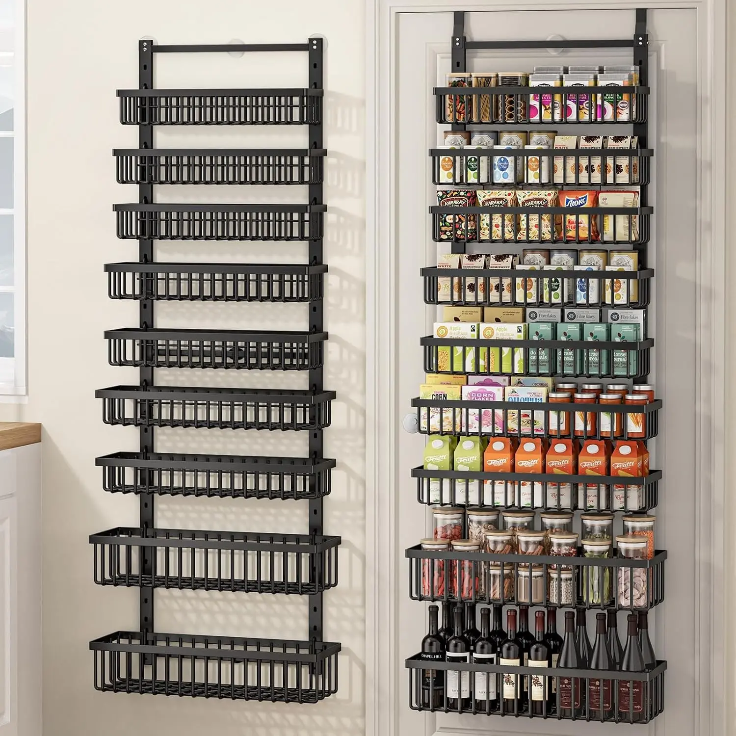 9 Tier Over The Door Pantry Organizer, 2 in 1 Wall Mount or Hanging Spice Rack with Adjustable Deep Basket, Heavy-Duty Seasoning Organizer and Storage for Kitchen Cabinet Closet Bathroom