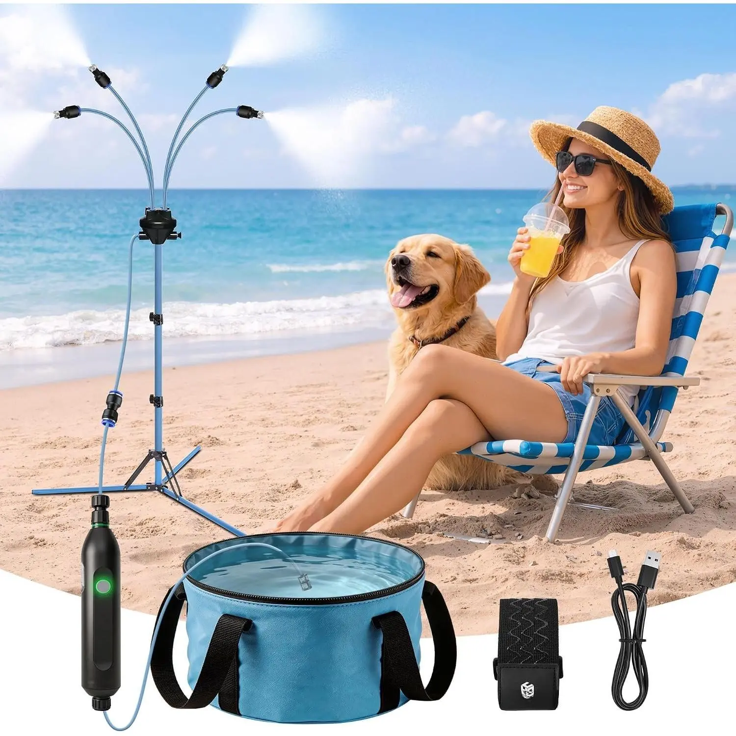 Misters for Outside Patio, Portable Standing Misting System with 30L Water Bag and Rechargeable Pump, Up to 6 Hours Runtime, Outdoor Cooling Mister for Backyard, Beach, Camping, Porch