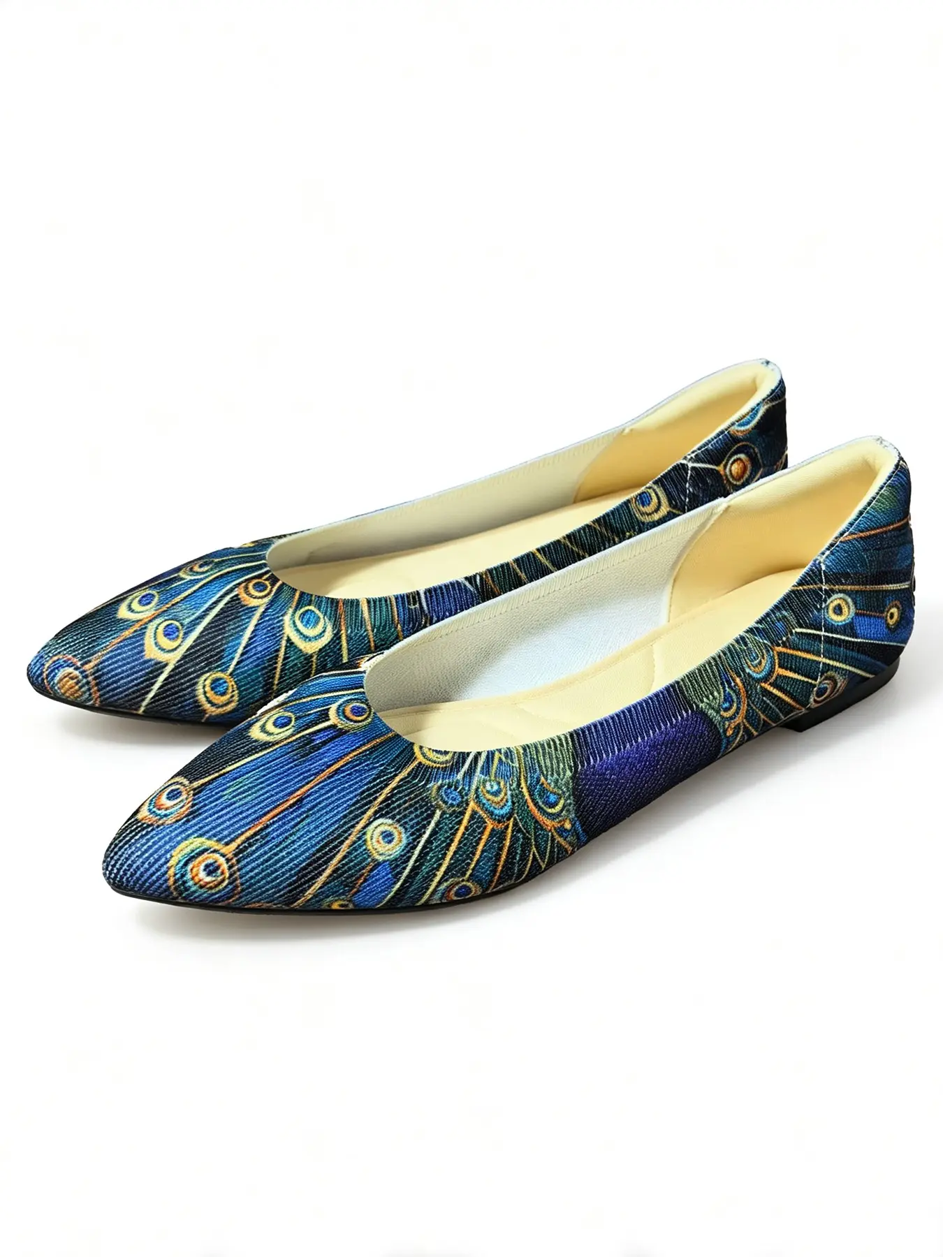 Peacock Print Pointed Toe Low Heel Single Shoe, Flat Vintage Style Casual Commuter Women's Shoes, Elegant and Comfortable Footwear