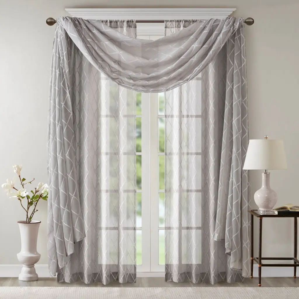 Nokaa Diamond Sheer Embroidered Window Scarf Light Filtering Voile Curtain Panel for Living Room Bedroom Kitchen Door Window Dressing Décor, Elegant Sheer Fabric, 1 Panel, Home Furniture and Household Product Search Terms for US Online Shopping