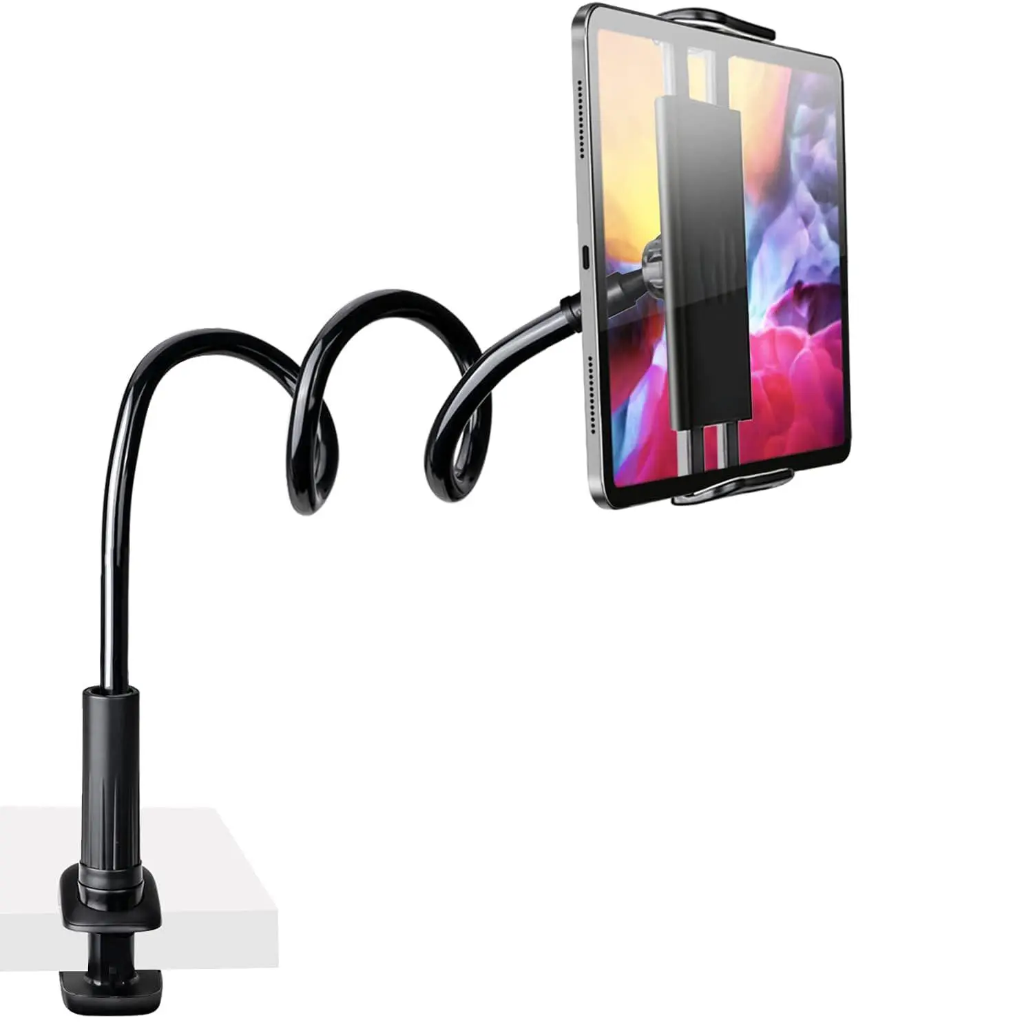Gooseneck Phone & Tablet Clamp Mount - 30" Al-Mg Alloy Adjustable Flex Arm, 360° Rotate, Universal Fit for 4.7-10.5in Devices, Kindle, Handsfree Reading Bed Headboard Accessory