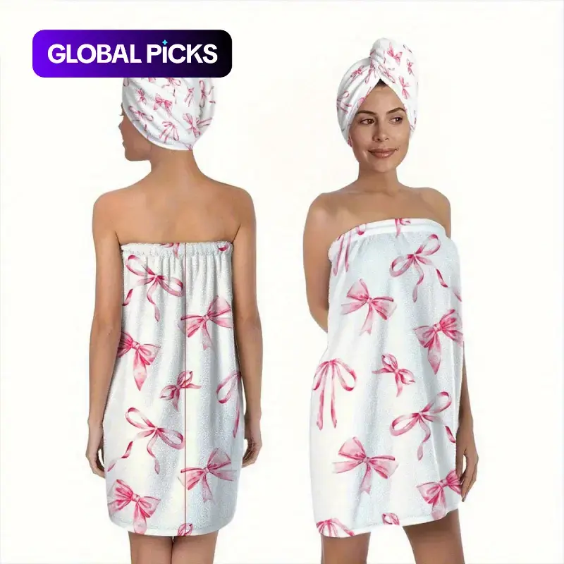 2pcs, fashionable pink bow-knot style printed pattern bath skirt and Hair Drying Towel, 100% polyester fiber, soft, adult home bath skirt and hair dry hat set, suitable for bathroom, sauna SPA and salon wrapping, Valentine's Day gift, Bath Towels
