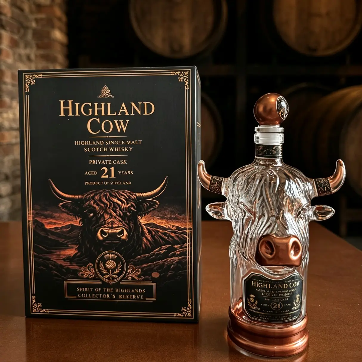 Highland Cow 21 Years Private Cask Single Malt Scotch Whisky, Collectible Decanter with Vintage Metal Stopper, Luxury Gift Bottle, Commemorative