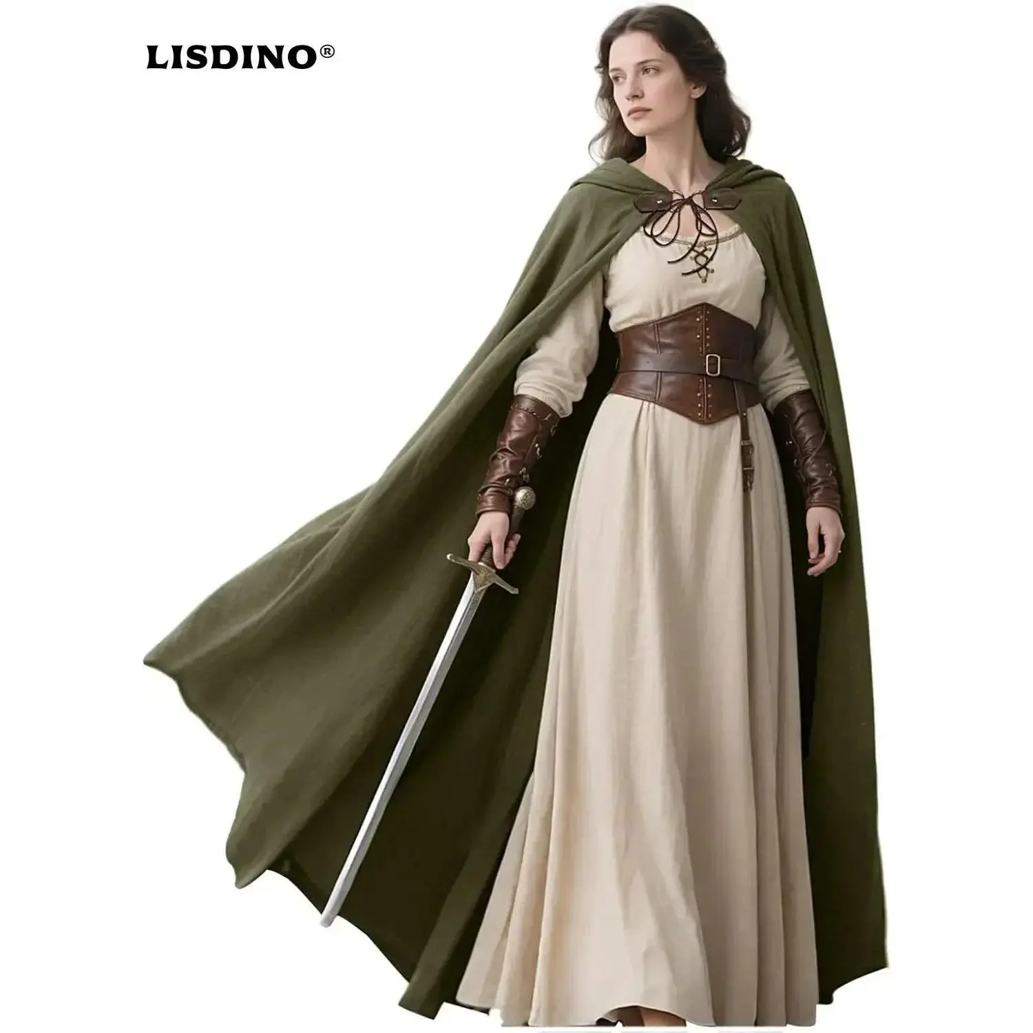 L'VOW Medieval Hooded Cloak Linen Renaissance Cape with Hood - Halloween Hobbit Cosplay Witch Wizard LARP