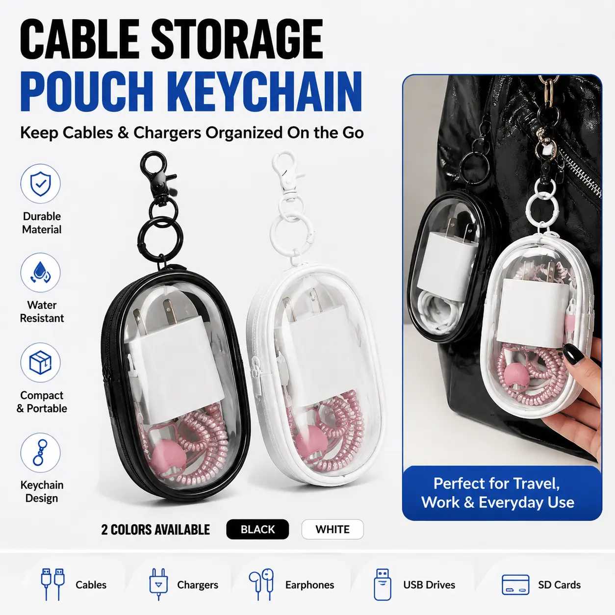 Clear Plastic Storage Bag, 2 Counts Portable Traveling Ear Plug, Earbuds & Cable Organizers, Earphone and Headphone Pouch, Durable Mini Electronic Earplugs Protective Travel Bag with Key Fob, Transparent Household Item, Protection, Audio-YY0