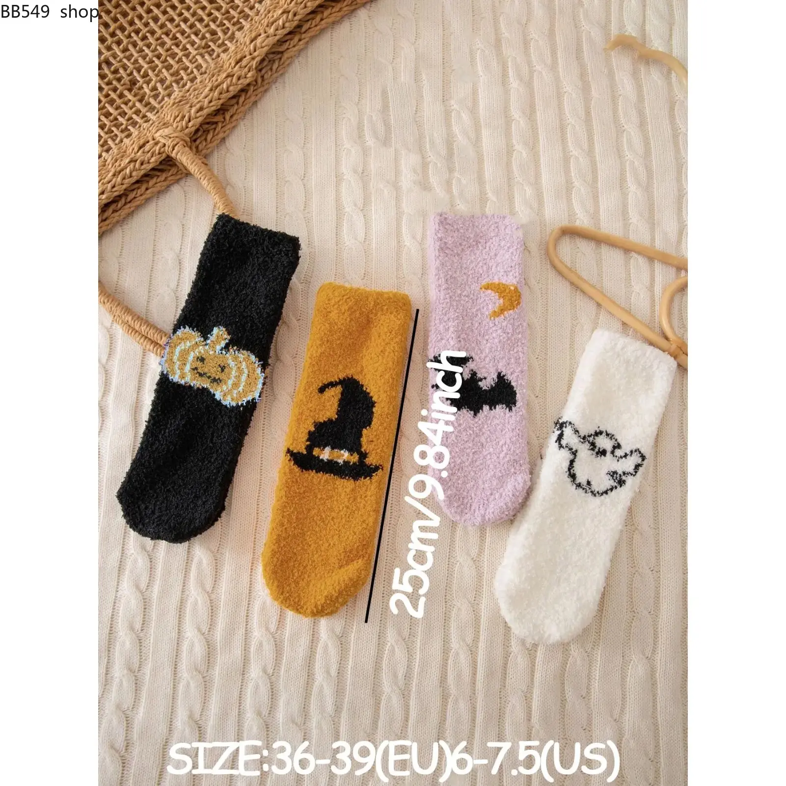 4 Pairs Women's Halloween Cartoon Ghost Pumpkin Bat Pattern Coral Fleece Floor Socks, Fun and Cute, Fall & Winter Home Wear, Halloween Costume