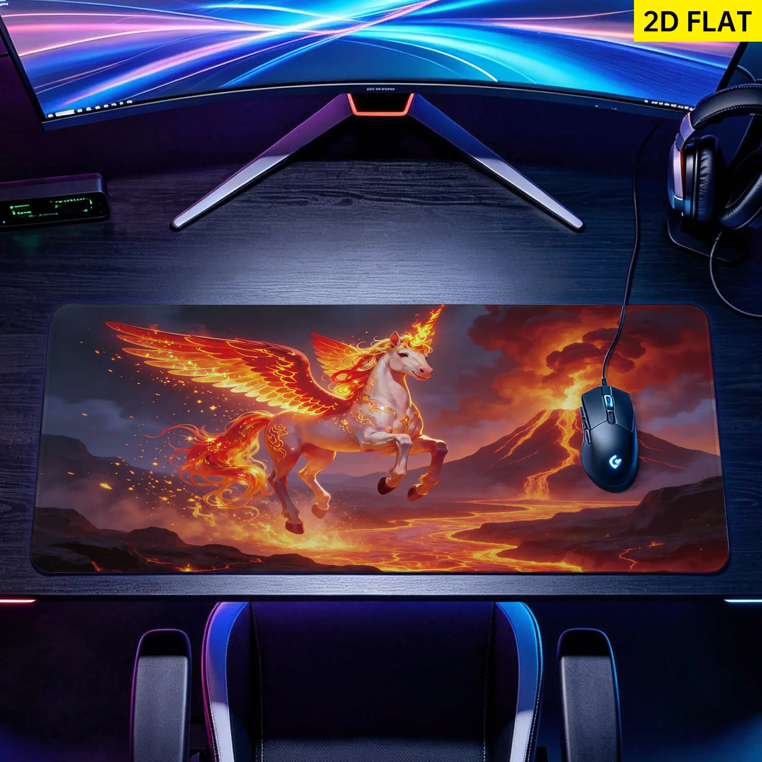 Extra Large fiery pegasus unicorn volcano fantasy art Mouse Pad,Non Slip Rubber Pad,Desktop Decoration Drotection Pad,Washable,Lock Edge Multi Size,Premium Multipurpose Mousepad For Office,Gaming Desk,Gift for Family and Friends