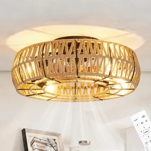 19.69 in Caged Ceiling Fan with Lights, Boho Flush Mount Low Profile Ceiling Fan Light with Remote Control, Handwoven Rope, 6 Speed Reversible for Living Room Bedroom Island