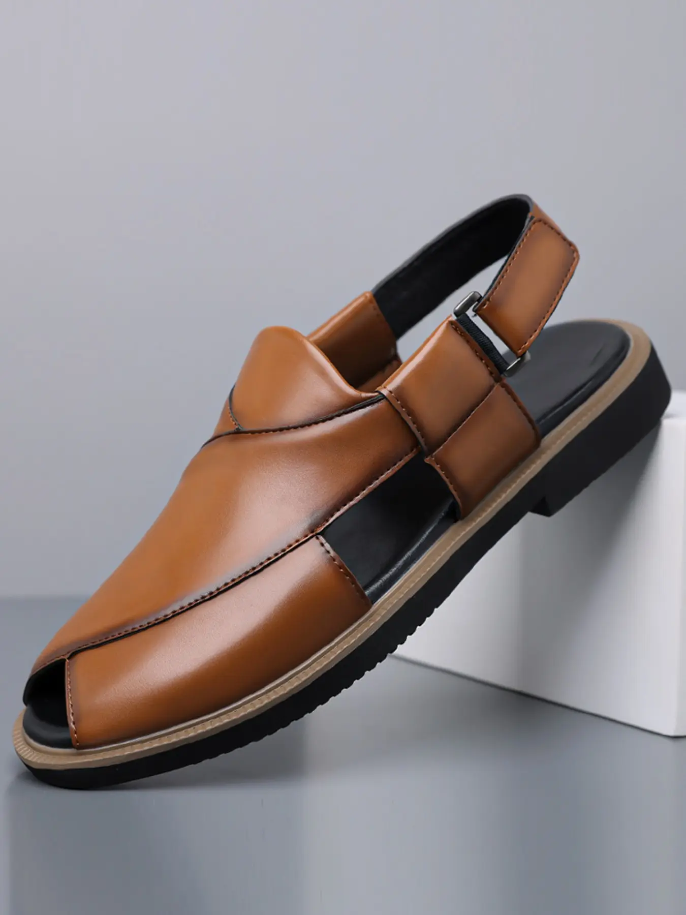 Men's Fish Mouth Flat Classic PU Rubber Sandals with Adjustable Metal Buckle, Retro Stitching, Non-Slip Rubber Sole, Business Casual, Sizes 39-48