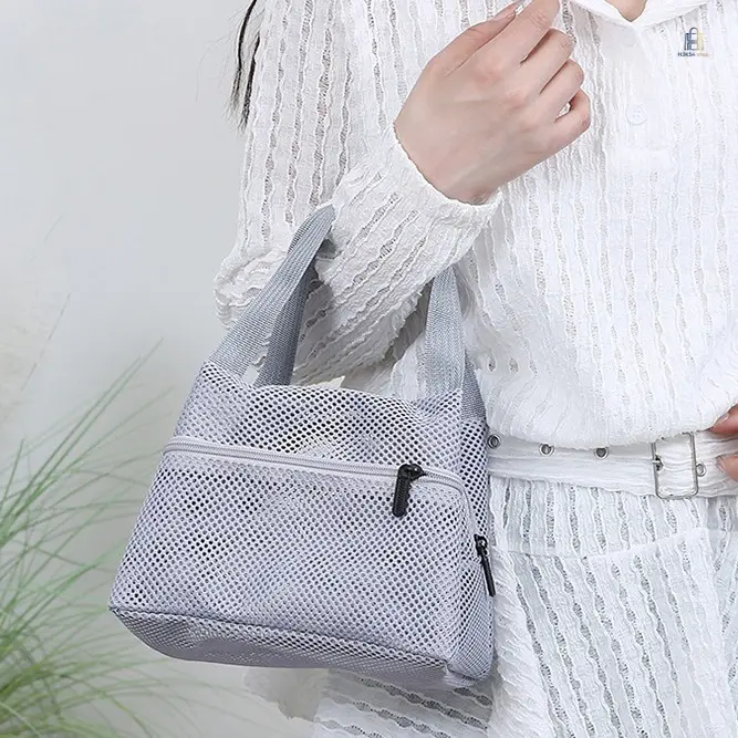 Casual Nylon Mesh Tote Bag, See-Through Hollow-Out Carryall for Leisure Travel, Beach, and Daily Use