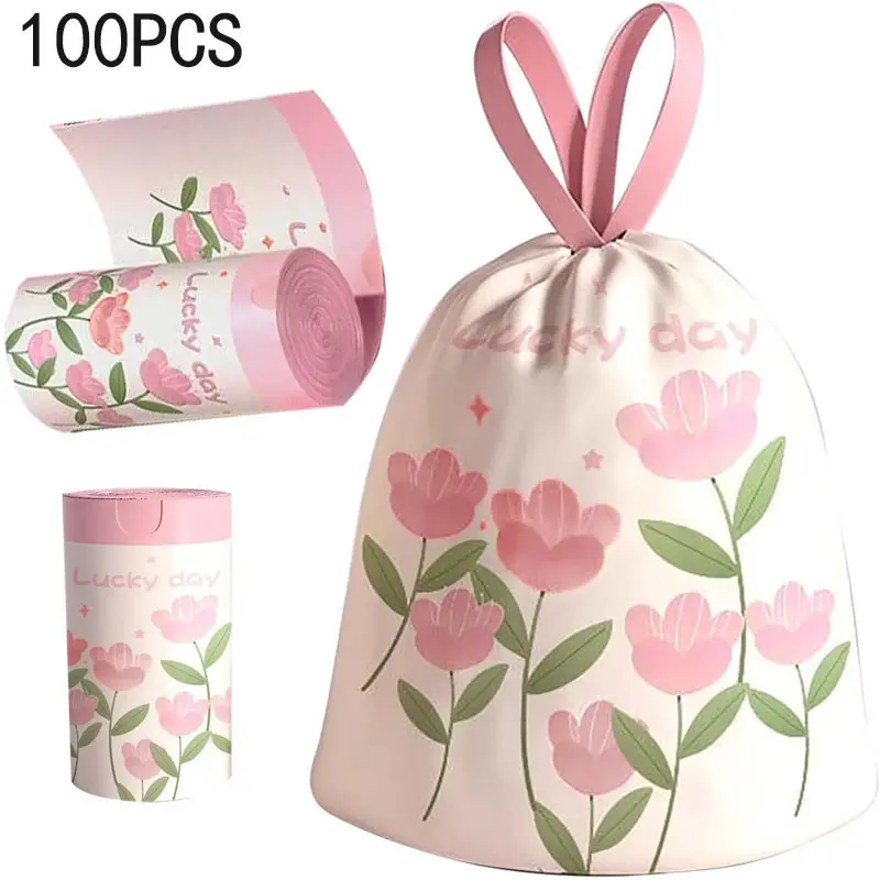 100 packs of thick large-sized drawstring garbage bags with pink lavender fragrance - multi-purpose disposable garbage bags with fragrance lining, suitable for household use - pink flower pattern and "Happy Day" text, tear-resistant design