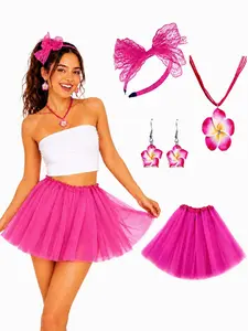Women’s Pink Tutu Costume Accessories Set, Layered Tulle Skirt with Lace Bow Headband, Flower Necklace Earrings and Lip Rings, Y2K Sweet Party Festival Cosplay Outfit