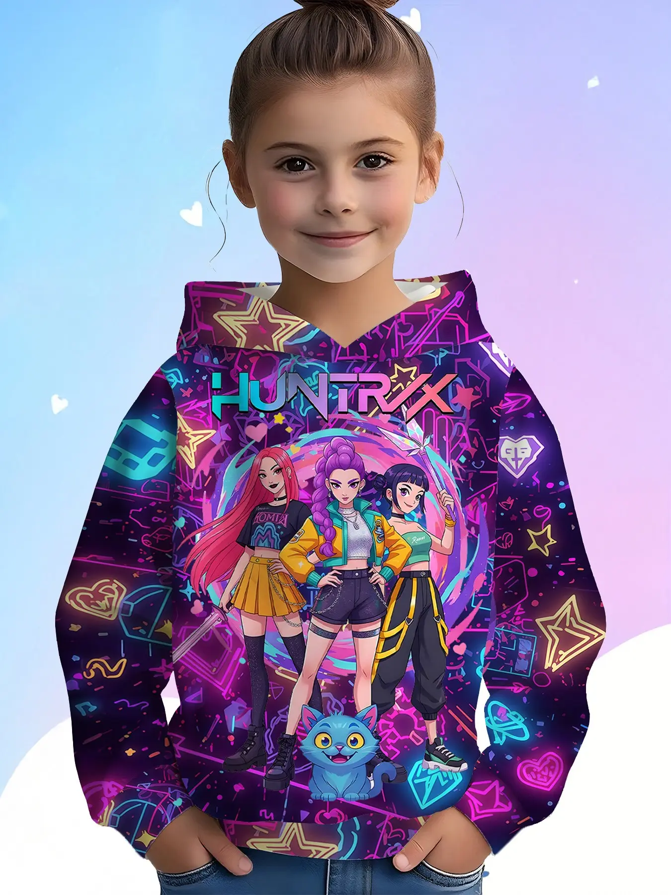 Girls' Winter Fashion Hoodie, Neon Graffiti Magic Girl Blue Cat Full Print Sweatshirt, Cute Animal Sweatshirt, Casual Long Sleeve Top, Perfect Christmas Gift