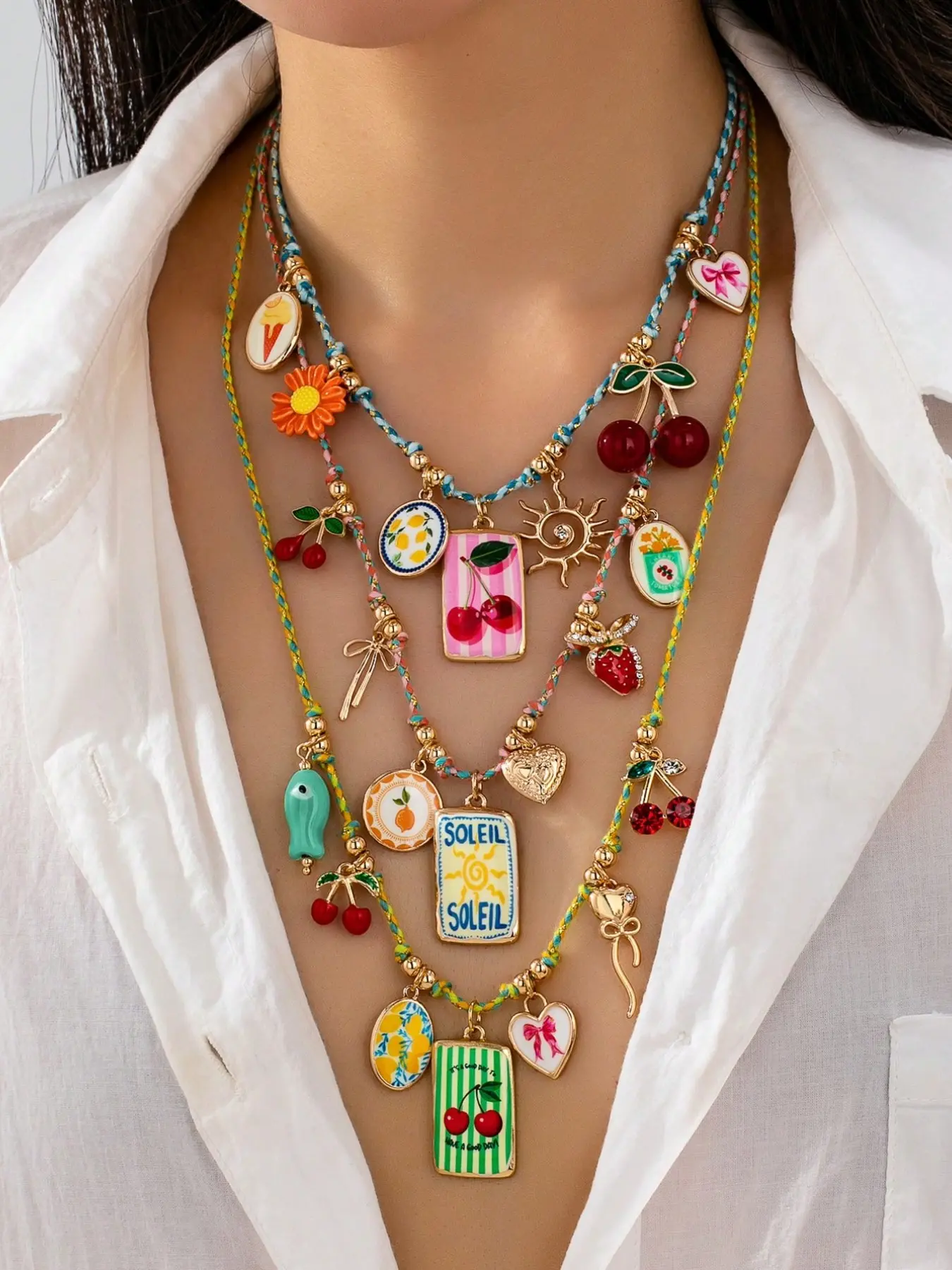 3Pcs Summer Fruit & Sun Themed Layered Charm Necklace Set - Multicolor Braided Cord Necklaces with Enamel Cherry & Lemon Charms, Boho Vacation Statement Jewelry for Women