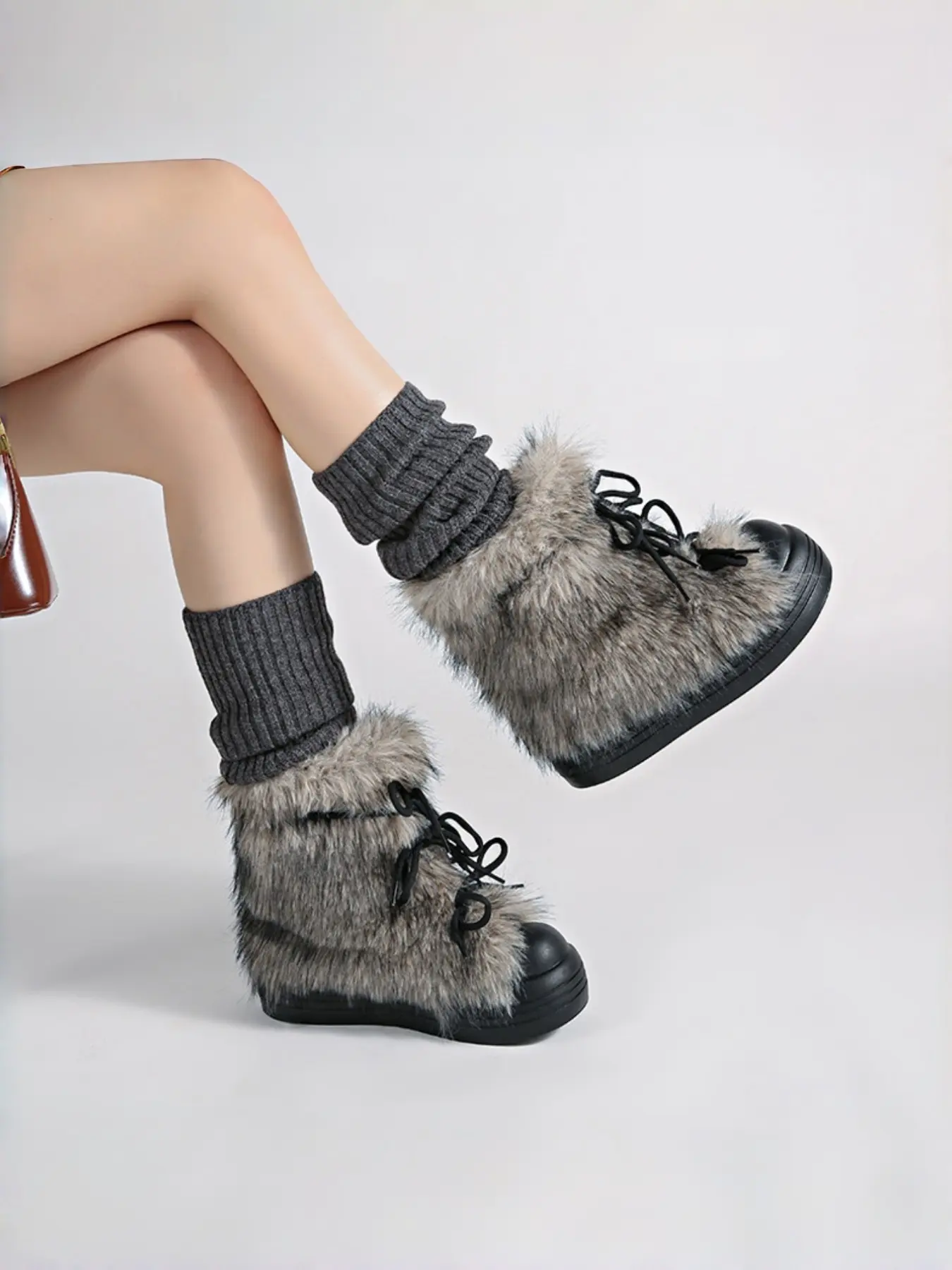 Vintage Post-Apocalyptic Round Toe Short Faux Fur Boots, Adjustable Wine Laces, Thickened Waterproof Fall Winter Women's Shoes