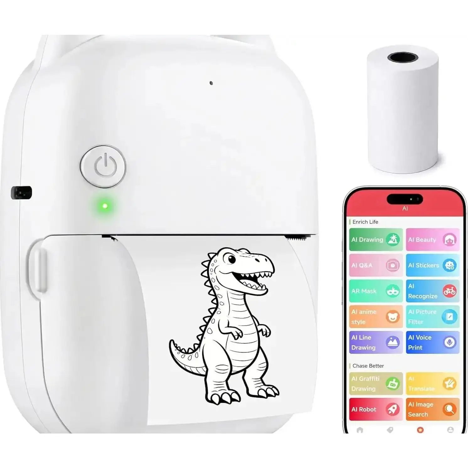 200dpi Output Mini Inkless Compact Smart AI Voice Thermal Label Printer with Thermal Head, Bluetooth/WiFi Connectivity, App Control, Built-in Battery, 1 Roll Paper, Lightweight Wireless Label Printer for Home Organization, DIY Crafts
