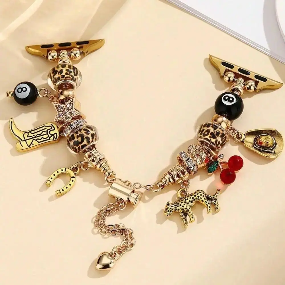 Western Leopard Print Smartwatch Band - Vintage Cactus, Cowboy Boot Charm Pendants, Boho Cowgirl Women's Bracelet, Casual Universal Size DIY Bag Accessory, Compatible With 38-49mm Smart Watches, Fashion Accessories