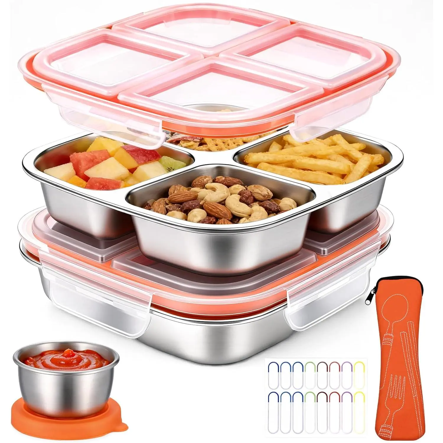 2-Pack Stainless Steel Bento Snack Containers for Kids, 4-Compartment Metal Lunch Boxes with Sauce Cups & Utensil Bag for School, Travel & Picnics