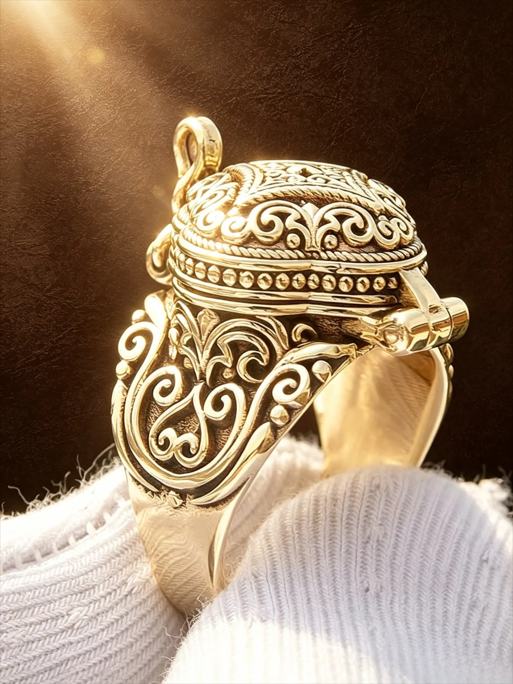 Gold Plated Vintage Scroll Engraved Locket Men's Signet Ring Openable Secret Compartment Wide Band Finger Ornament Gothic Retro Statement Accessory For Club Banquet Travel Photoshoot Valentine Father Birthday Anniversary Holiday Gift For Men