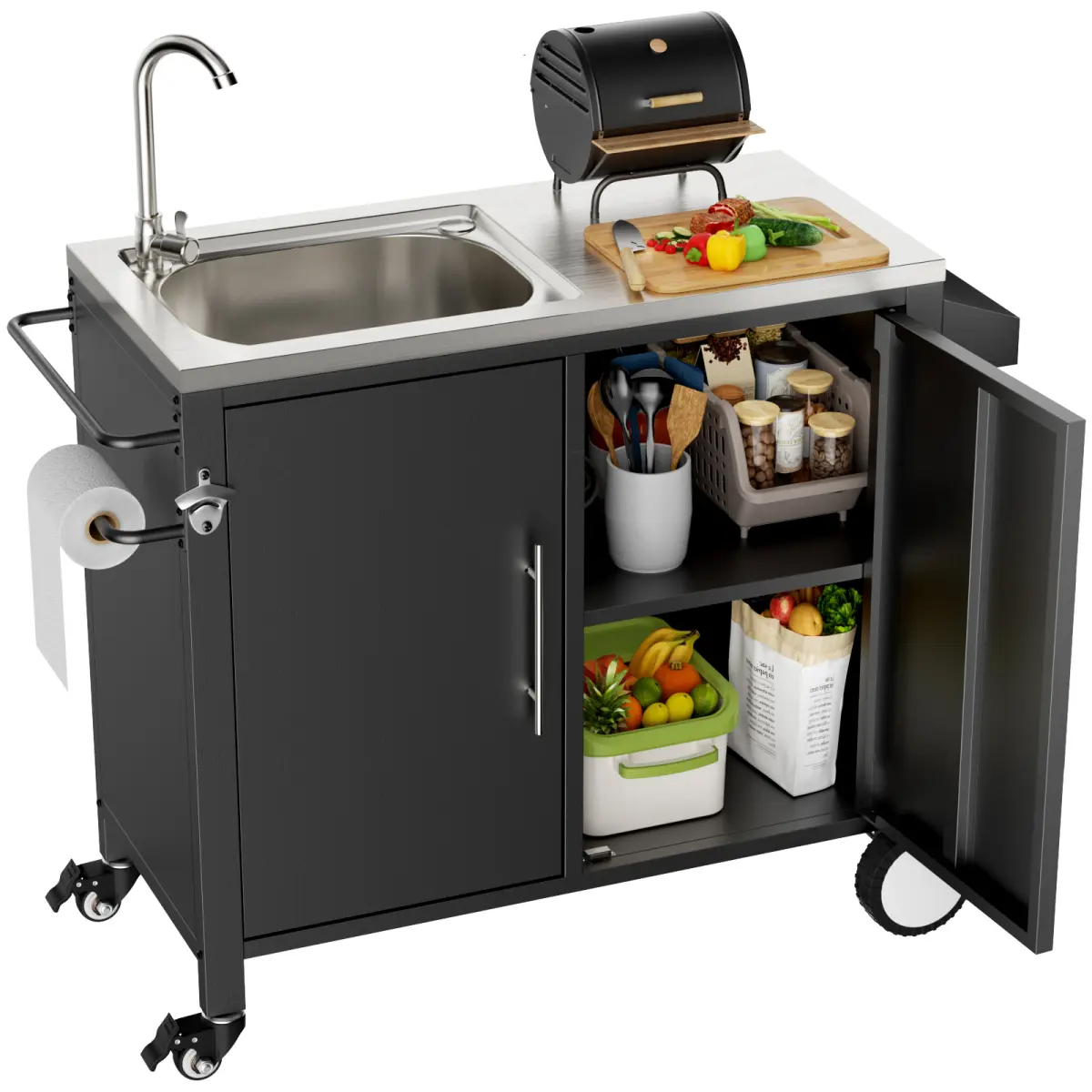 AobtkelOutdoor Grill Table with Sink, Grill Cart with 304 Stainless Steel Sink and Cabinet, Outdoor Grill Cart,Outdoor Cart Sink Station with Wheels, L38" x W18" x H35"    RR