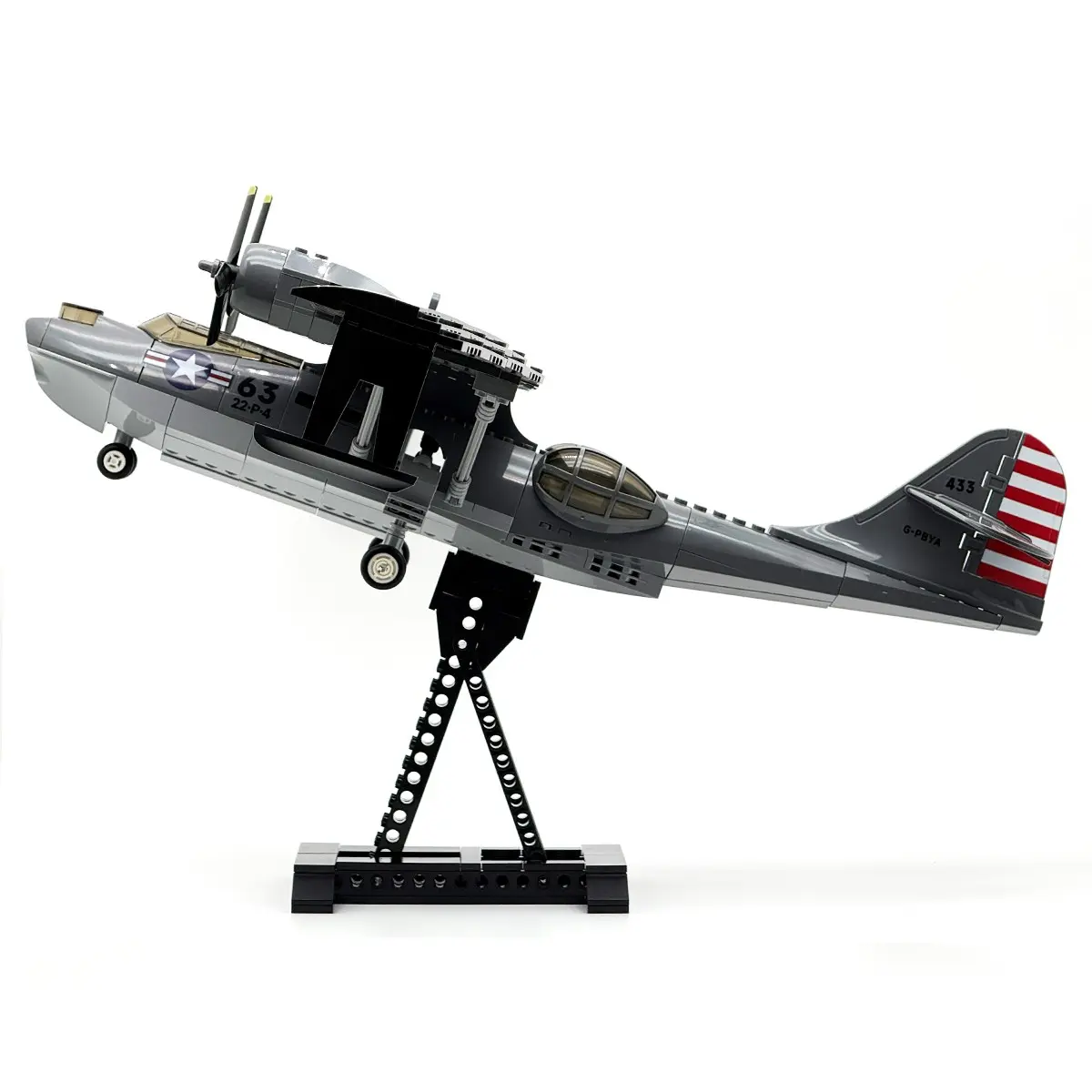 PBY Catalina Flying Boat Building Blocks Model with Flight Display Stand, Classic Military Navy Aircraft Brick Toy, Collectible Warplane Desk Ornament, Creative Christmas Birthday Gift for Adults Teens