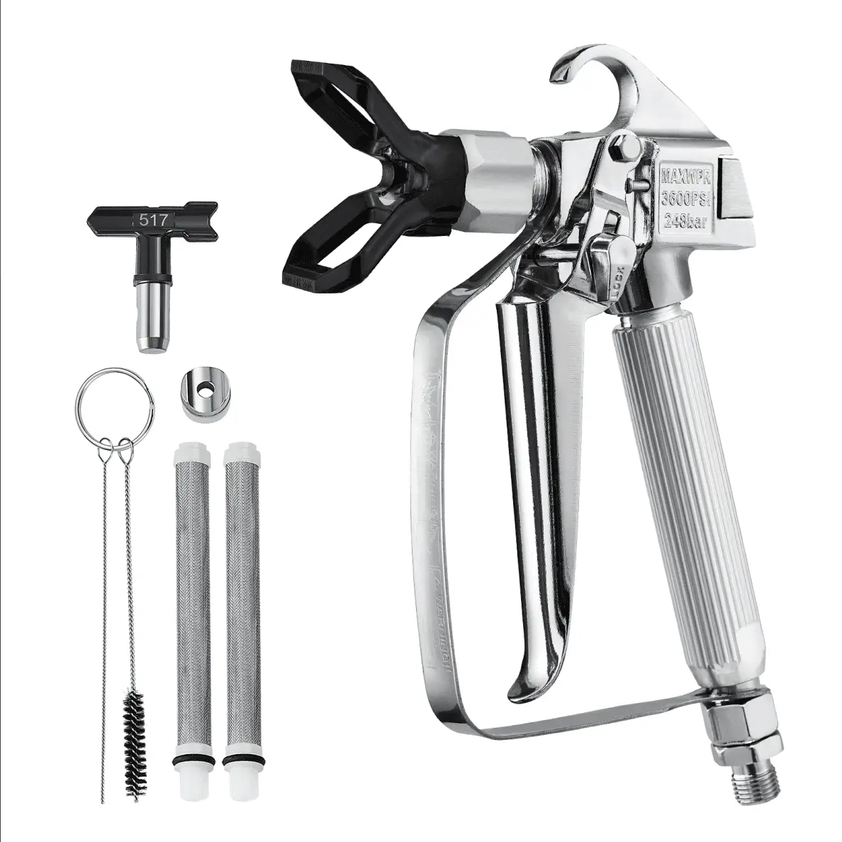 Airless Paint Spray Gun, 3600PSI High Pressure Airless Paint Sprayer Gun with 517 Tip, Swivel Joint Airless Spray Gun Kit with Filters, Cleaning Needle and Brush, for Airless Spraying Machine