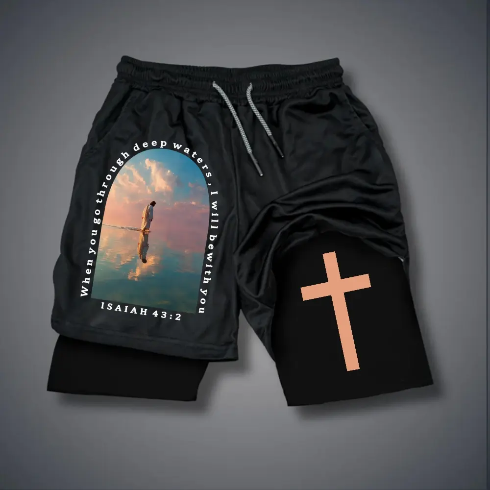 Unisex When you go through deep waters, Sea Walker, Cross, Christian, Jesus Graphic Double-layer Shorts Personalized Pattern Y2k Clothing Double-layer Shorts,Women's Clothing, Menswear, Vintage Style,Summer Casual Oversized