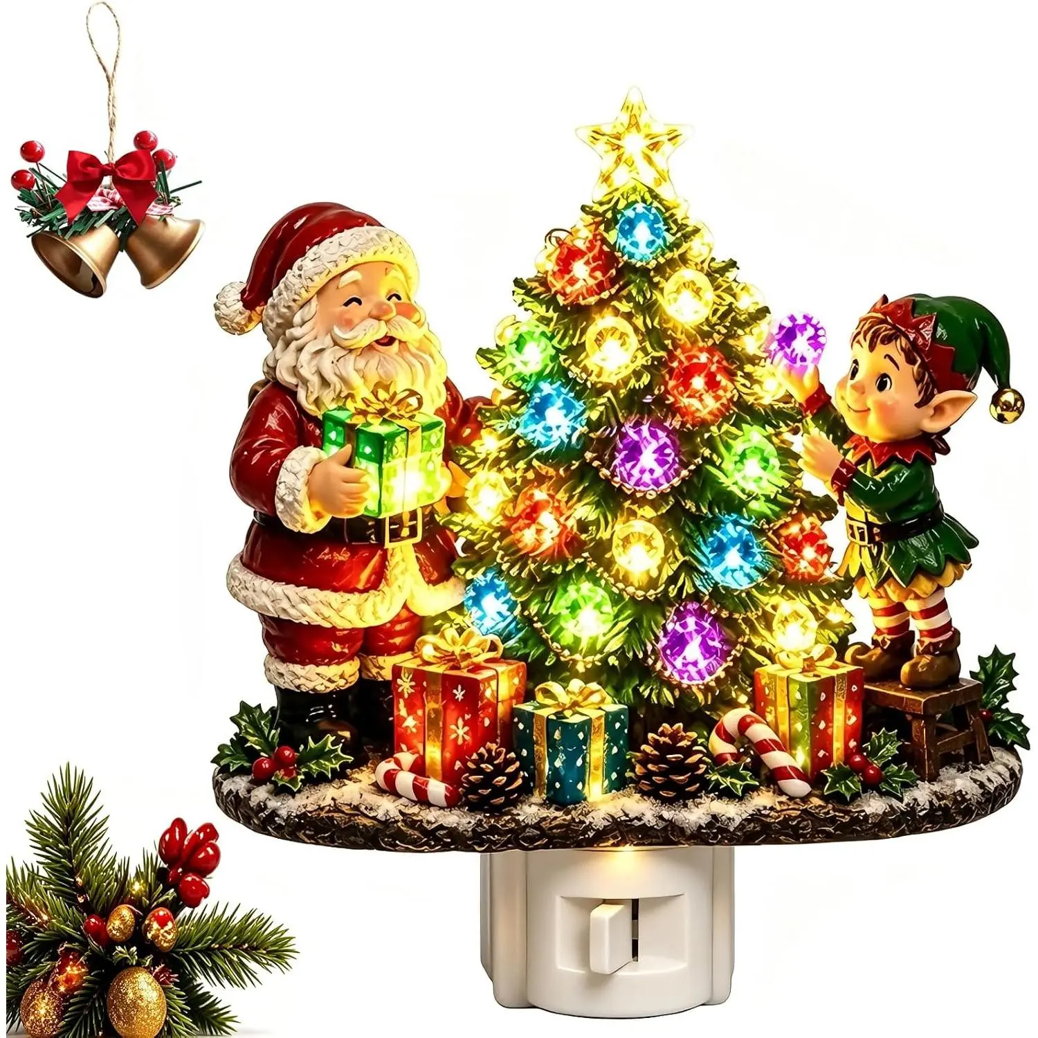 Vintage Santa & Elf LED Plug-in Night Light Set with Rhinestone Sparkle, Christmas Tree Figurine Switch-Activated Gift, Festive Room Decoration for Bedroom